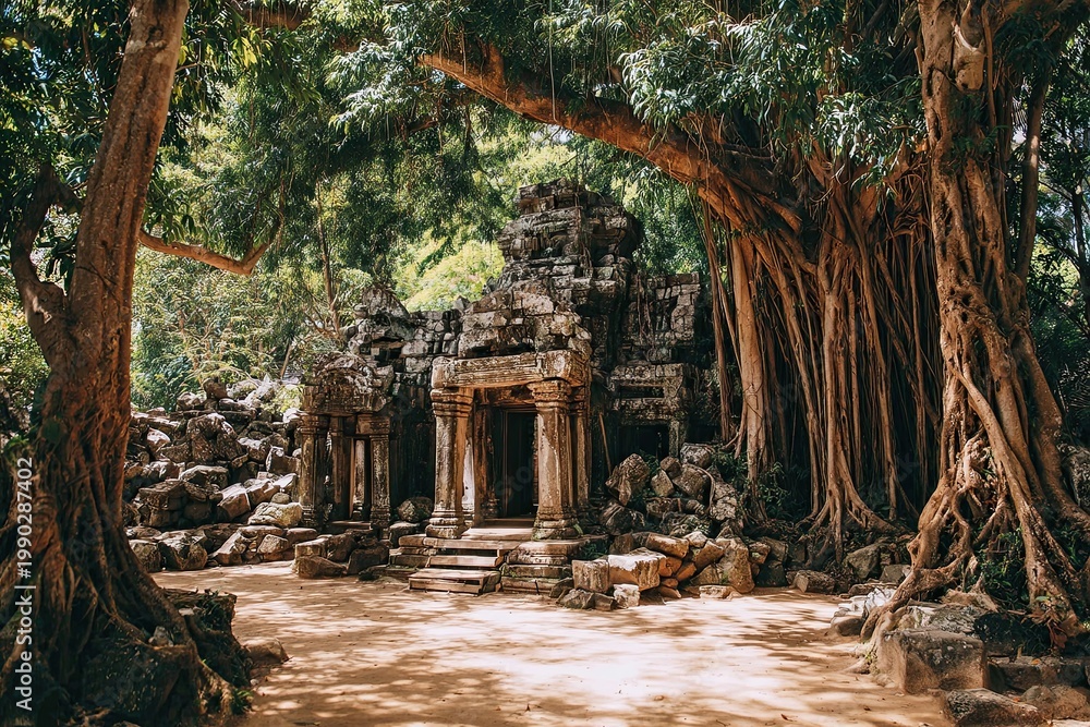 Ancient stone temple ruins engulfed by lush jungle vines and trees, a ...