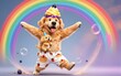 © YiuCheung - Happy puppy celebrates with rainbow cupcakes and bubbles in a joyful