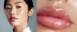 © Broccolini - high-end K-beauty skincare image with a vertical split layout, featuring a radiant young Korean woman with glowing glass skin on the left and a macro close-up of glossy pink lips on the right