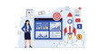 © Naim - Business leader standing next to data dashboard showing growth metrics and a launching rocket to represent successful project takeoff.