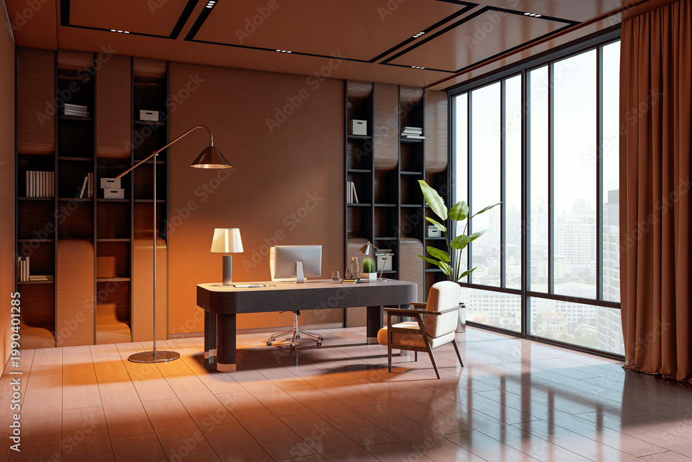 Modern executive office interior with large windows overlooking city ...