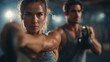 © sup - Woman and man weightlifting in gym