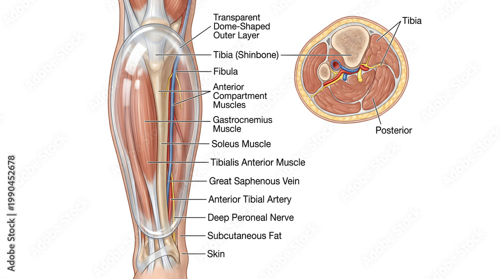 Muscle Overlying Tibia Anterior view of the lower leg beneath a dome‑shaped outer layer ...