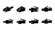 © Akhi Begum - RJ45 ethernet connector icon set, network cable plug vector collection, 8 black silhouette internet hardware symbols for IT infrastructure and web design