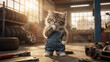 © Milan - Cute kitten mechanic in denim overalls thinking in a garage. Funny pet worker with tools and wrenches