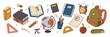 © Domestock - Collection of school and education supplies with alarm clock back to school flat design education learning backpack calculator notebook pi symbol knowledge illustration background supplies