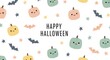 © MSTHIRAMONY - Seamless pattern with cute pastel pumpkins, bats, and stars, happy halloween greeting card design, isolated on white background