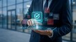 © Sana - Business manager selecting approve button on virtual interface with reject option, digital document validation workflow and online authorization system for corporate approval process