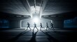 © dimas - Group of runners training at night under a concrete bridge with dramatic lighting.