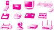 © Business Image - Retro technology icons in halftone vector style on transparent grunge cassette, printer, monitor, keyboard, mouse, cd, floppy disk