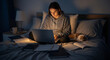 © 3dmixture - Young Woman Student Studying with Laptop and Sleeping Cat in Bed at Night Surrounded by Books and Study Material