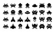 © Mouri - Retro pixel art space invaders icons, 28 vintage arcade game sprites collection, black 8-bit alien monsters and spaceship vector set