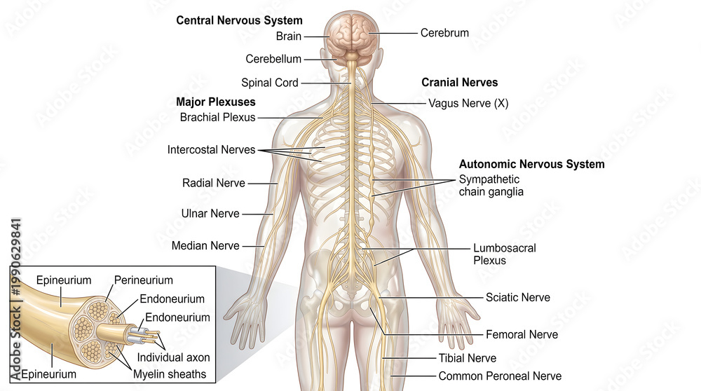 Diagram of the human nervous system showing brain, spinal cord, cranial ...