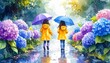© Odagiri - 梅雨の紫陽花の小道を傘をさして歩く二人の少女