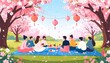 © Odagiri - 桜の木の下でランタンを眺めながら花見を楽しむ家族と友人たち