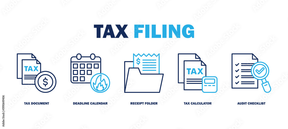 tax filing banner web icon vector illustration featuring icons of tax ...