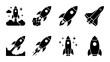 © Fatema - Rocket ship icon set, black solid spaceship vector silhouettes, 8 startup launch and space exploration symbols for business growth