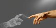 © Andrii Zastrozhnov - Human hand reaching toward wireframe network hand in studio