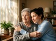 © utaem2022 - Senior woman embraces younger female companion indoors during warm sunlight