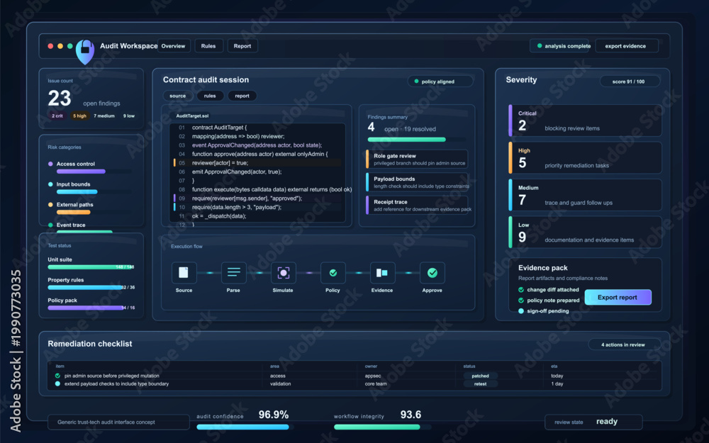 Contract audit workspace dashboard with code review panel, severity ...