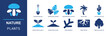 © Ella - Nature plants icon set. Containing shovel, monstera leaves, mushroom cluster, palm tree, potted cactus, sprout, branch, tree roots, tree silhouette and more. Solid fill vector icons.