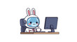 © child's world - Adorable astronaut rabbit working at computer, sipping coffee. Cute cartoon bunny in space suit, perfect for tech, remote work, and creative office themes.