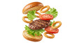 © Omishu Makes - Deconstructed flying hamburger ingredients falling dynamically isolated on a transparent background.