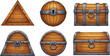 © MstGulzan - Wooden treasure chest vector set with metal frames, fantasy game storage containers collection, detailed cartoon crates and barrels isolated on white background
