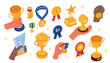 © Flash Vector - Colorful isometric set of first place trophies, medals, ribbons and prize cups held by diverse hands, perfect for success, achievement and winner concepts, isolated on white background vector