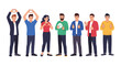 © Sumi - Diverse group of young men and women standing together showing positive hand gestures like hearts and thumbs up signs on a white background.