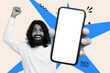 © Prostock-studio - A person holds up a smartphone with a blank screen. They have a big smile and a raised fist. The background has simple shapes in blue. The atmosphere suggests a moment of excitement and joy.