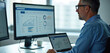 © miss irine - Man with glasses analyzes charts on computer screens. He works at desk using laptop and desktop monitor showing data. Business analysis and finance growth.