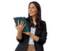 © PeopleVideos - Professional woman using digital tablet, smiling and looking away, business technology concept on transparent background