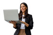 © PeopleVideos - Woman holding an open laptop, smiling, working remotely and using wireless technology. Transparent background