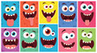 © Fahim - Collection of bright and cheerful monster faces with big eyes, teeth, and silly expressions in colorful frames for children.