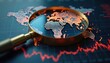 © miss irine - Magnifying glass on world map showing glowing continents. Economic chart with red downward trend indicates global finance risk and instability. Investment analysis.