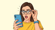 © Sarah - Young woman wearing glasses looking at her smartphone screen with a shocked and surprised expression in a pop art style.