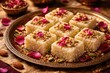 © AkuAku - Indian festive sweet Kalakand served with rose petals and nuts on elegant dish