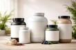 © AkuAku - Modern showcase of diverse protein powder jars with wide copy space for promotional messages suitable for wellness advertising