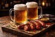 © AkuAku - Cold beer and spicy sausage served on rustic board with moody bar lighting