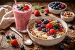 © AkuAku - Nutritious muesli topped with assorted berries served with a refreshing fruit smoothie