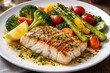 © AkuAku - Grilled cod fish fillet accompanied by steamed seasonal vegetables on white dish