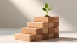 © KaziOmar - Sustainable business growth concept with green plant sprout on wooden block stairs, natural wood steps for career development and financial success