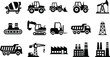 © Rashedul Islam - Collection of industrial and construction heavy machinery silhouette icons featuring trucks, cranes, factories, and agricultural vehicles for design.