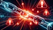 © Carol - glowing digital chain link breaking apart with red warning symbols concept of cybersecurity breach and network vulnerability