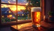 © yuka11 - 夕焼けの街並みを眺めながらグラスに注がれたビールが輝く落ち着いた室内のひととき