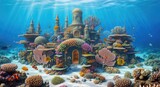 Underwater castle surrounded by coral reefs and tropical fish