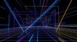© omar bonyan - Futuristic neon grid tunnel with glowing geometric lines and cubes in perspective, abstract digital art