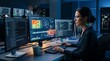© Marina Shvedak - Woman developer working on an artificial intelligence fraud detection system in a data center. Cybersecurity analyst monitoring network security and digital threats. IT specialist concept.