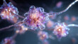 © zhou yan - 3D microscopic neuron network illustration with holographic glass and purple pink neon bioluminescence. Copy space for medical technology title or biotech usage.